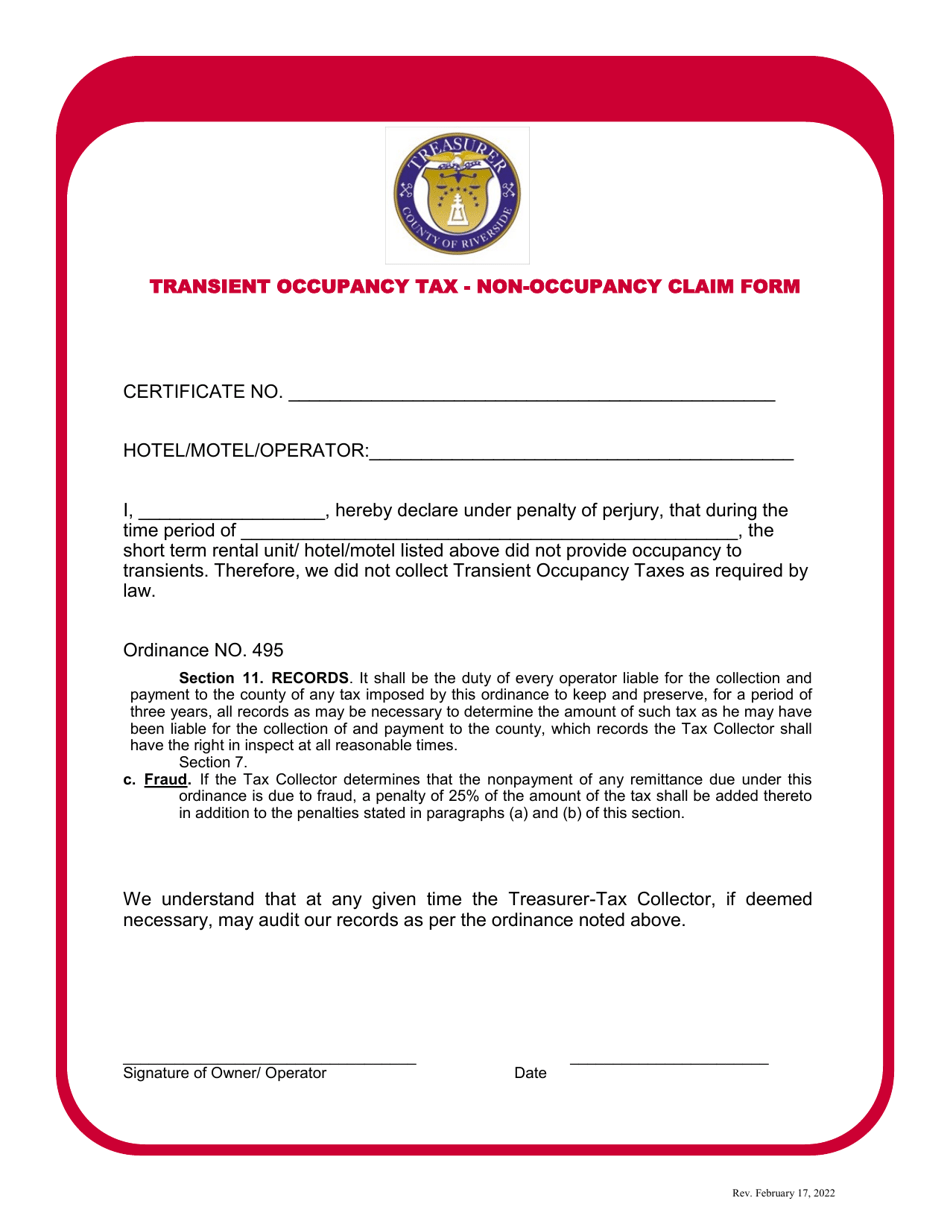 Riverside County, California Nonoccupancy Claim Form Transient