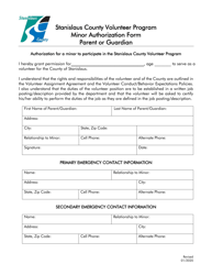Document preview: Volunteer Program Minor Authorization Form - Parent or Guardian - Stanislaus County, California