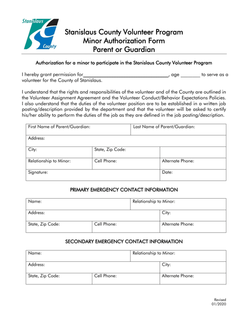 Volunteer Program Minor Authorization Form - Parent or Guardian - Stanislaus County, California Download Pdf