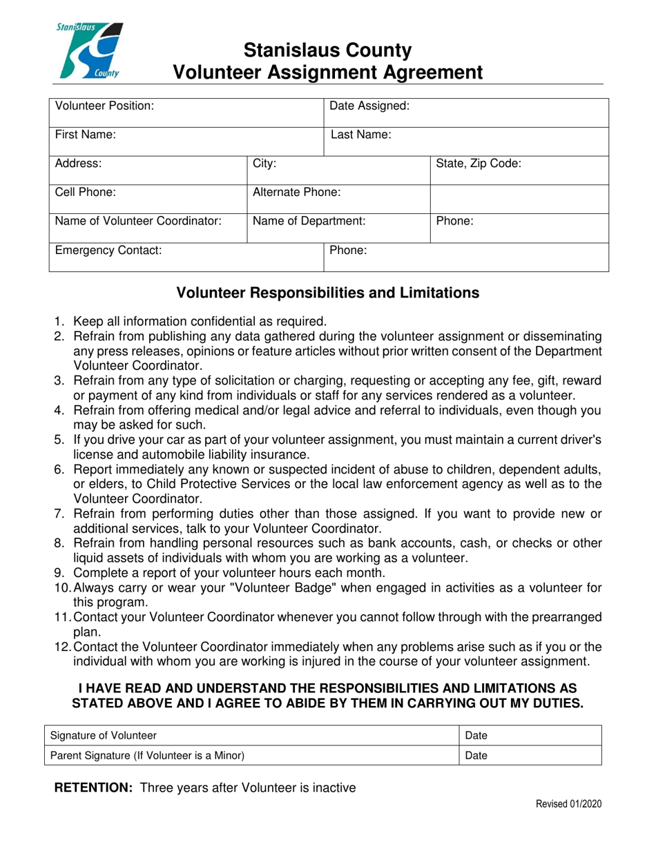 Volunteer Assignment Agreement - Stanislaus County, California, Page 1