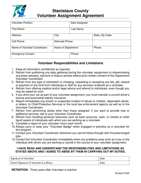 Volunteer Assignment Agreement - Stanislaus County, California Download Pdf