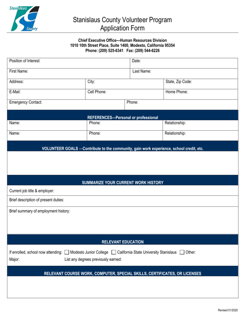 Volunteer Program Application Form - Stanislaus County, California Download Pdf