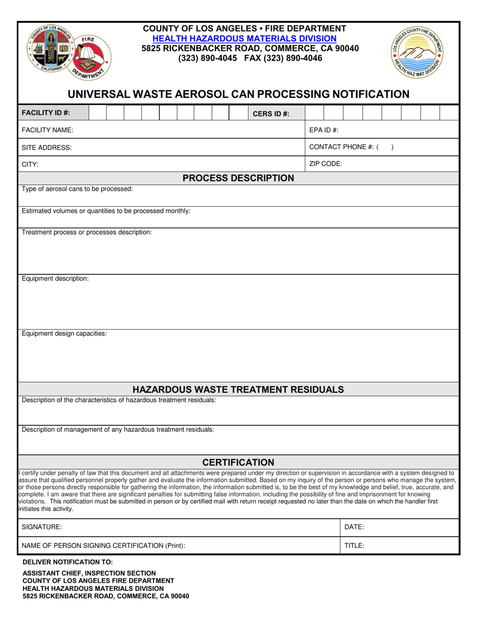 Universal Waste Aerosol Can Processing Notification - County of Los Angeles, California, Page 1