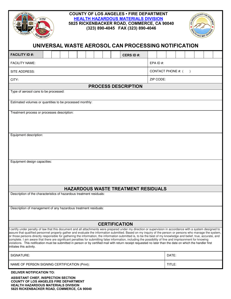 County of Los Angeles, California Universal Waste Aerosol Can Processing Notification Fill Out