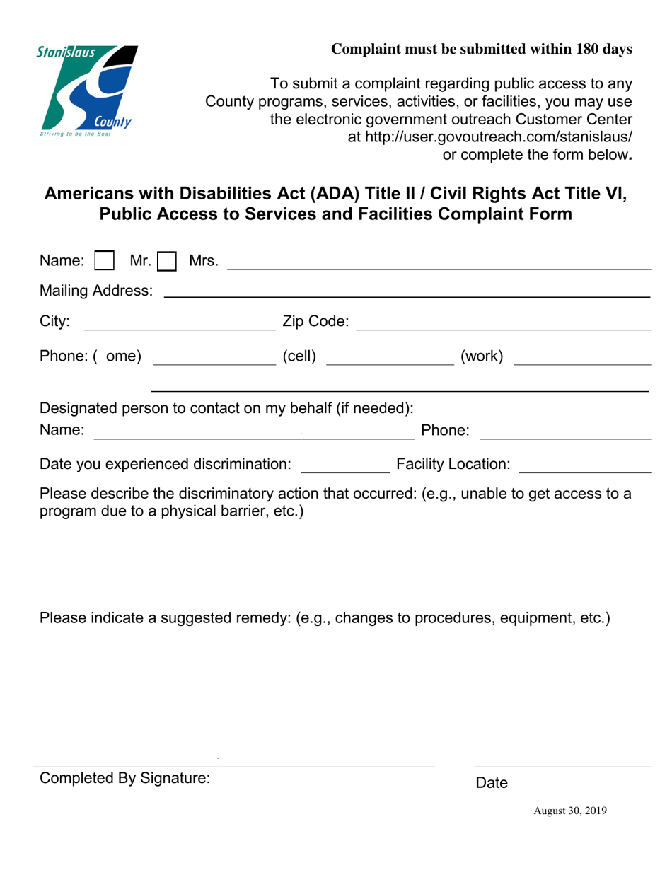Public Access to Services and Facilities Complaint Form - Americans With Disabilities Act (Ada) Title II / Civil Rights Act Title Vi - Stanislaus County, California, Page 1