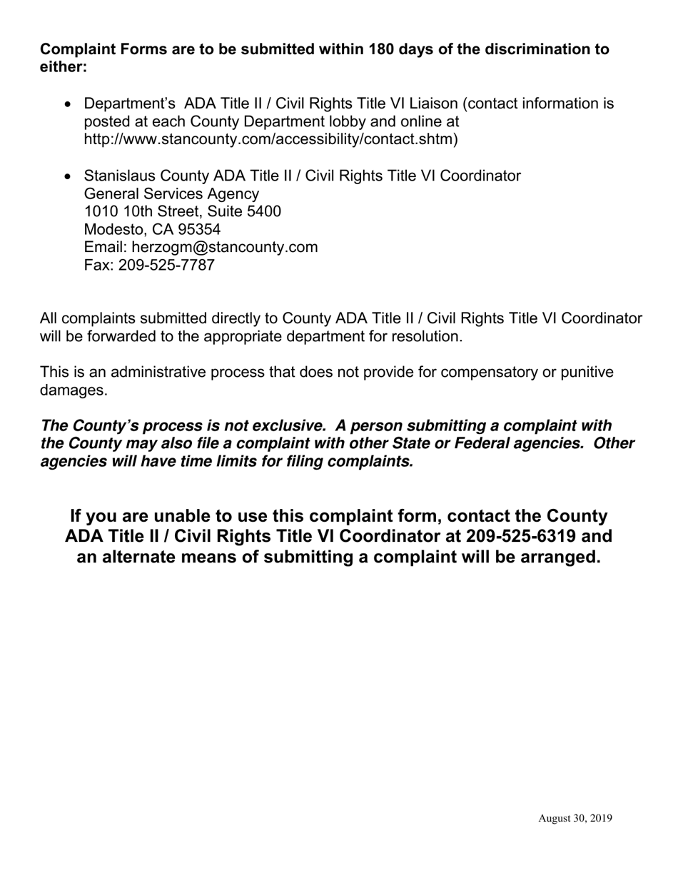 Public Access to Services and Facilities Complaint Form - Americans With Disabilities Act (Ada) Title II / Civil Rights Act Title Vi - Stanislaus County, California, Page 2