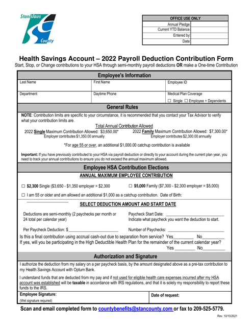 Health Savings Account Payroll Deduction Contribution Form - Stanislaus County, California Download Pdf
