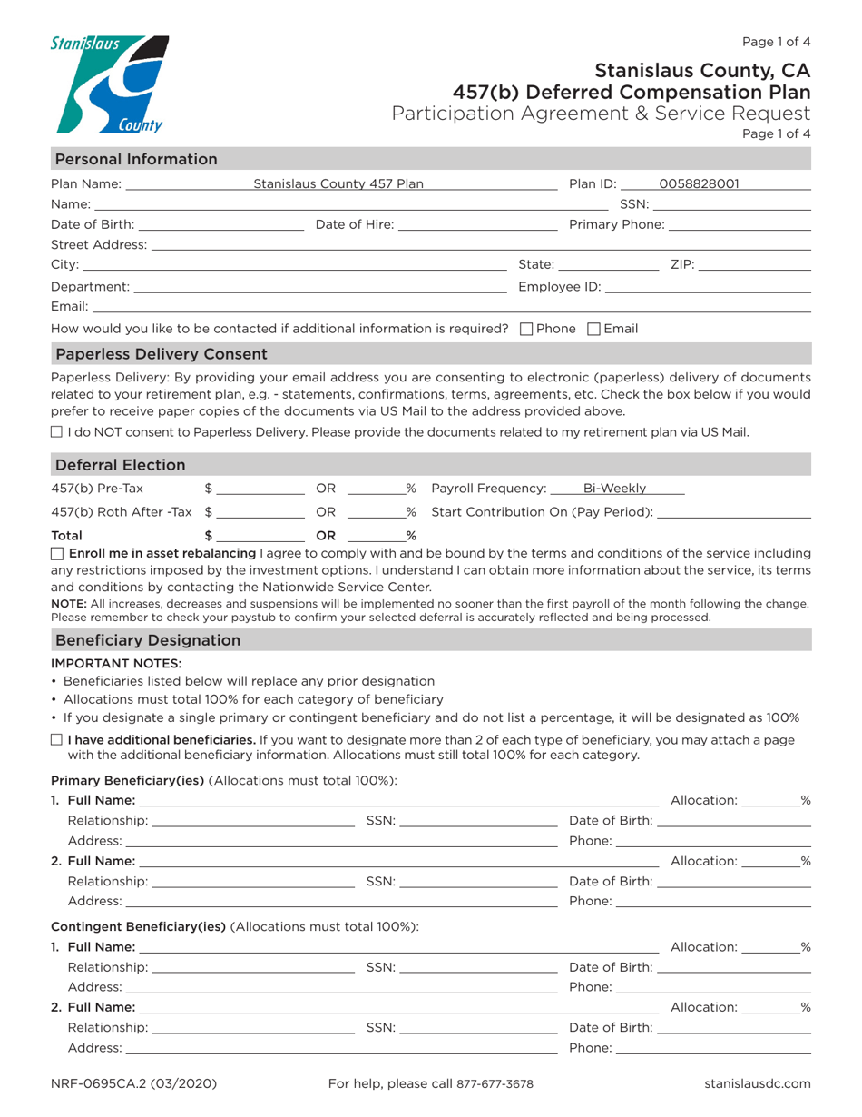 Form NRF-0695CA.2 Participation Agreement  Service Request - 457(B) Deferred Compensation Plan - Stanislaus County, California, Page 1