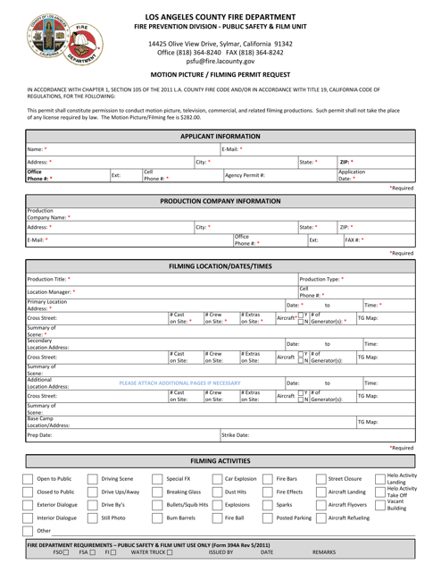 Form 394A Motion Picture/Filming Permit Request - County of Los Angeles, California