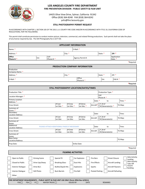 Form 395A Still Photography Permit Request - County of Los Angeles, California
