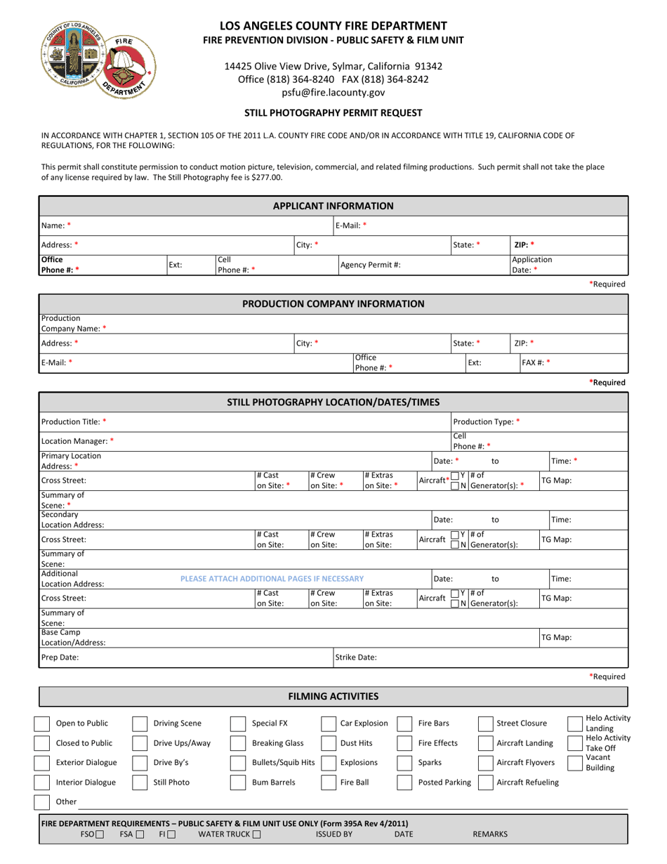Form 395A Still Photography Permit Request - County of Los Angeles, California, Page 1