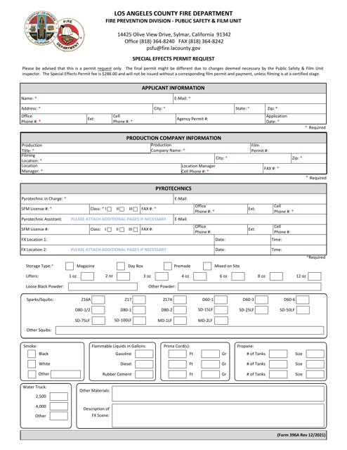 Form 396A Special Effects Permit Request - County of Los Angeles, California