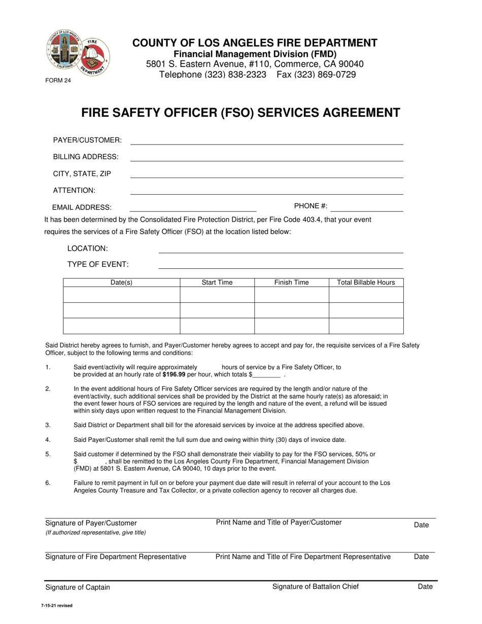 Form 24 Fire Safety Officer (Fso) Services Agreement - County of Los Angeles, California, Page 1