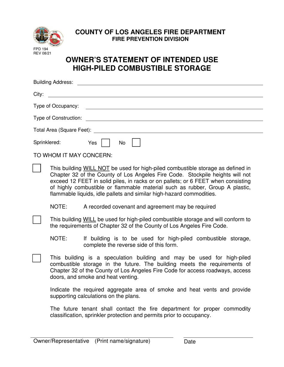Form FPD194 Owners Statement of Intended Use High-Piled Combustible Storage - County of Los Angeles, California, Page 1