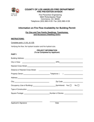 Form 195 Information on Fire Flow Availability for Building Permit for One and Two Family Dwellings, Townhomes, and Accessory Dwelling Unit&#039;s - County of Los Angeles, California