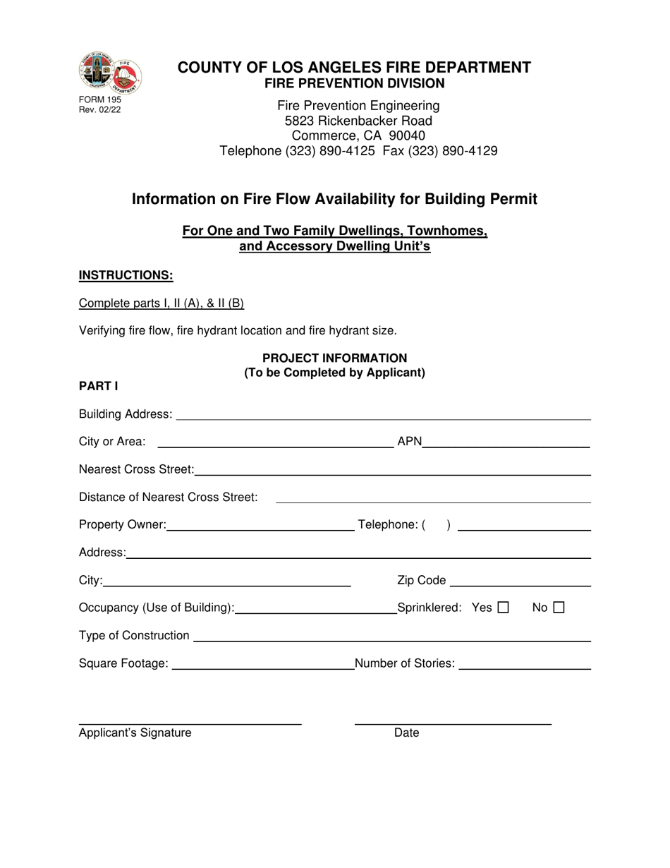 Form 195 Information on Fire Flow Availability for Building Permit for One and Two Family Dwellings, Townhomes, and Accessory Dwelling Units - County of Los Angeles, California, Page 1