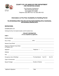 Document preview: Form 196 Information on Fire Flow Availability for Building Permit for All Buildings Other Than One and Two Family Dwellings (R-3), Townhomes, and Accessory Dwelling Unit's - County of Los Angeles, California