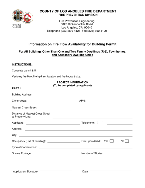 Form 196 Information on Fire Flow Availability for Building Permit for All Buildings Other Than One and Two Family Dwellings (R-3), Townhomes, and Accessory Dwelling Unit's - County of Los Angeles, California