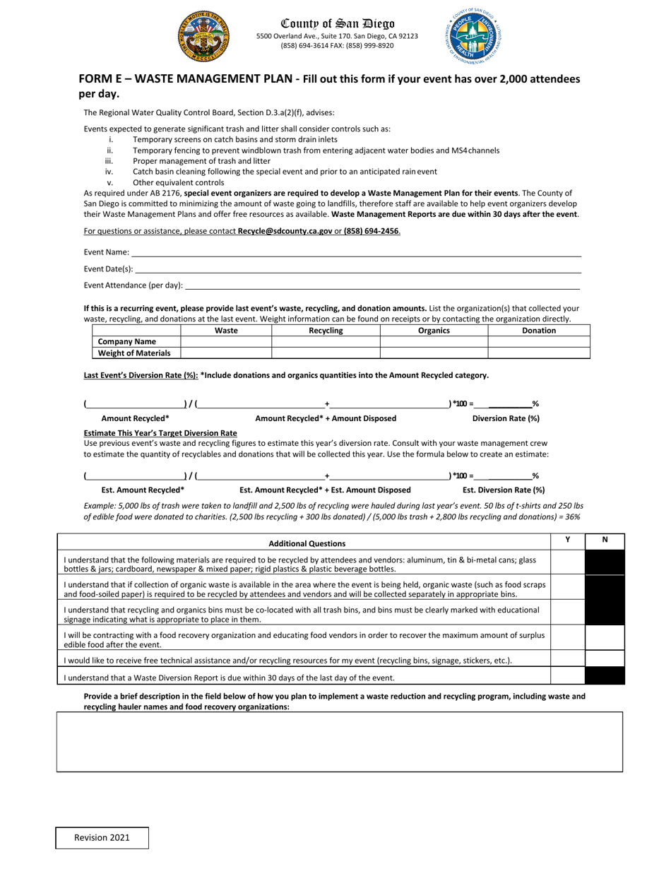 Form E - Fill Out, Sign Online and Download Fillable PDF, County of San ...