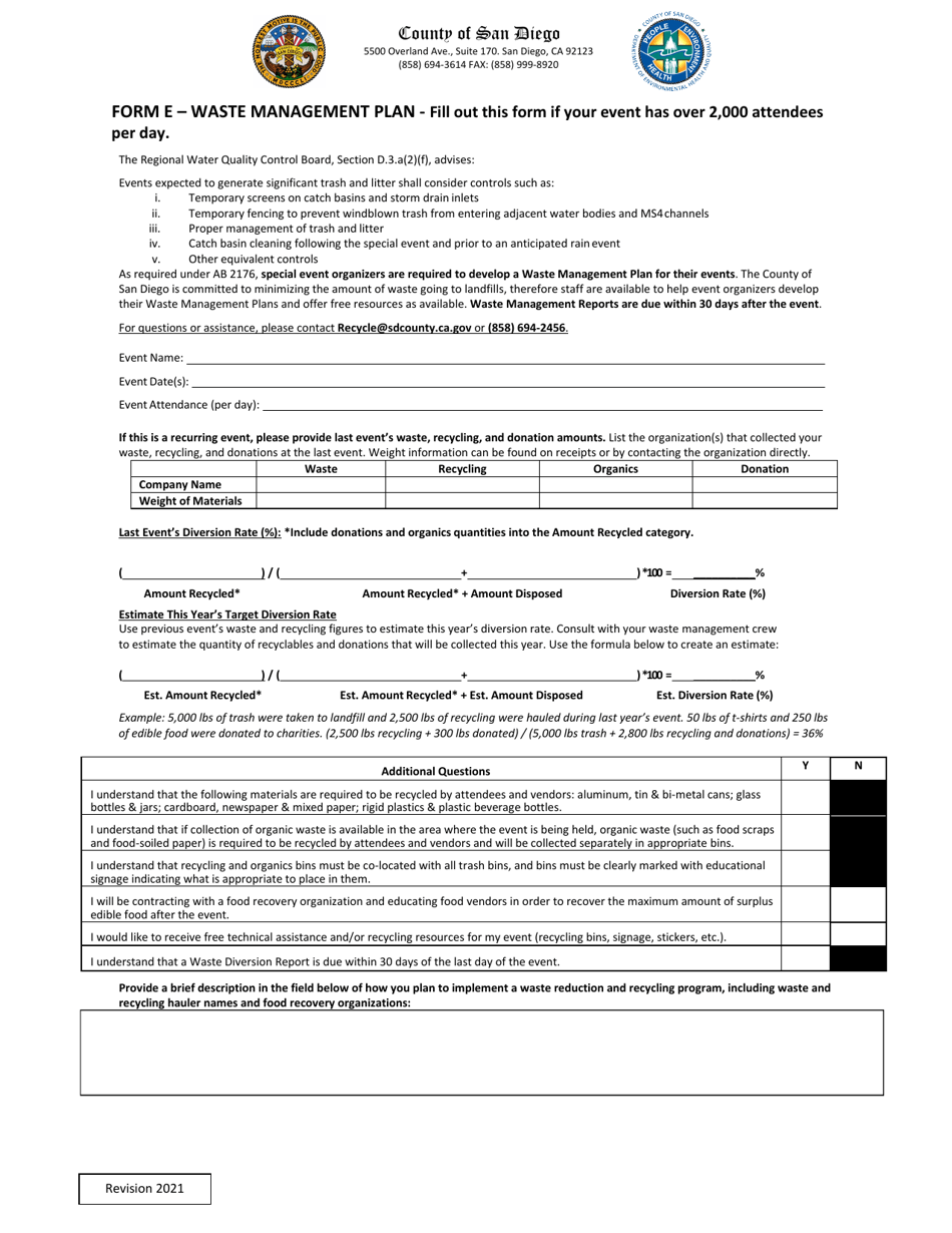 Form E Waste Management Plan (Over 2,000 Attendees Per Day) - County of San Diego, California, Page 1