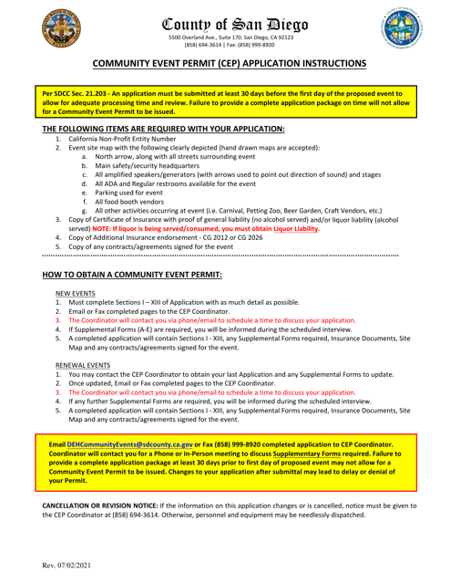 Community Event Permit (Cep) Application - County of San Diego, California Download Pdf