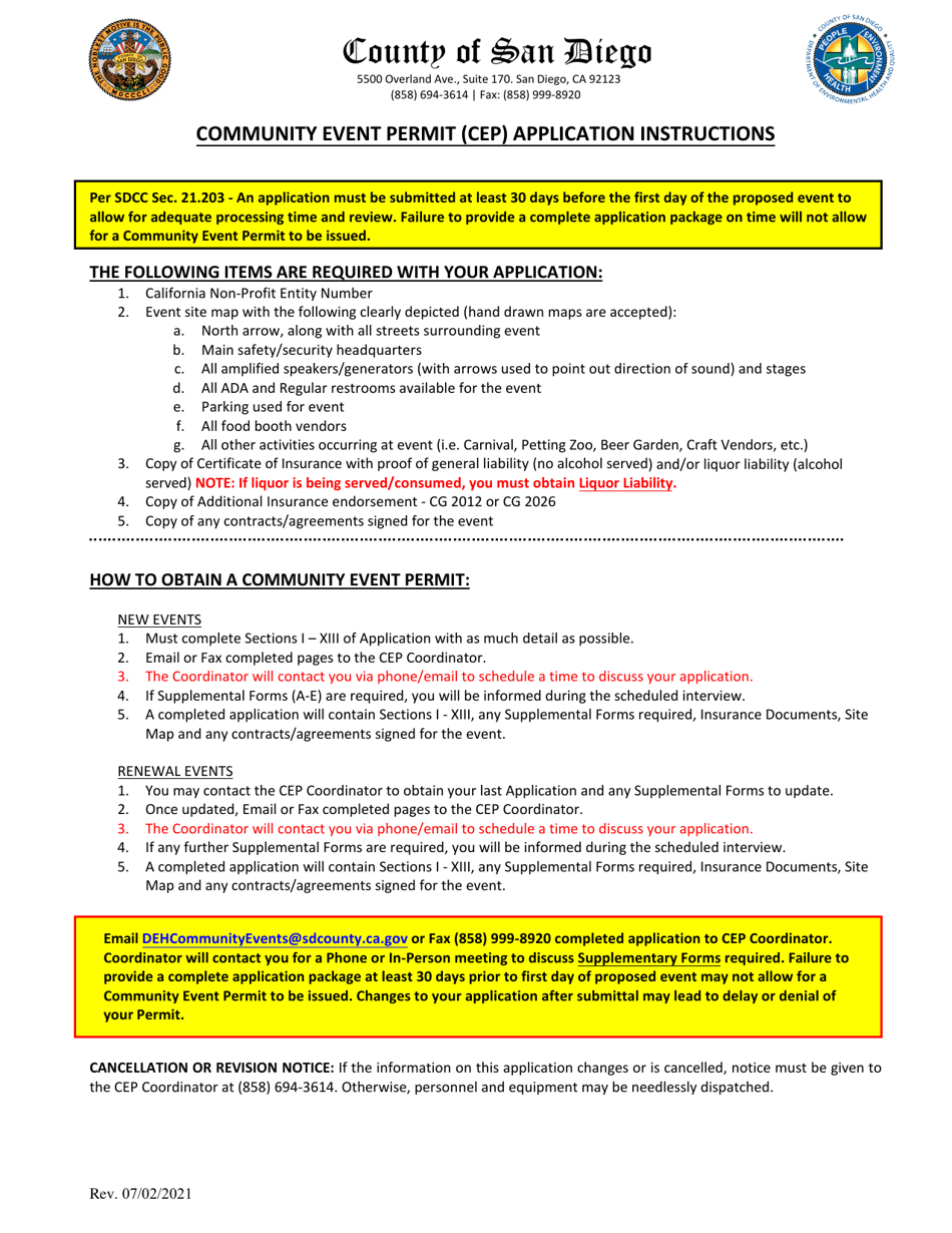 Community Event Permit (Cep) Application - County of San Diego, California, Page 1