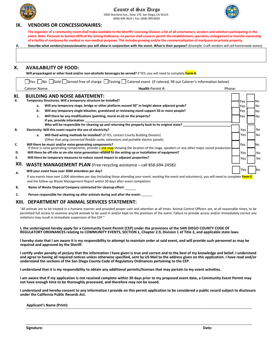 Community Event Permit (Cep) Application - County of San Diego, California, Page 5