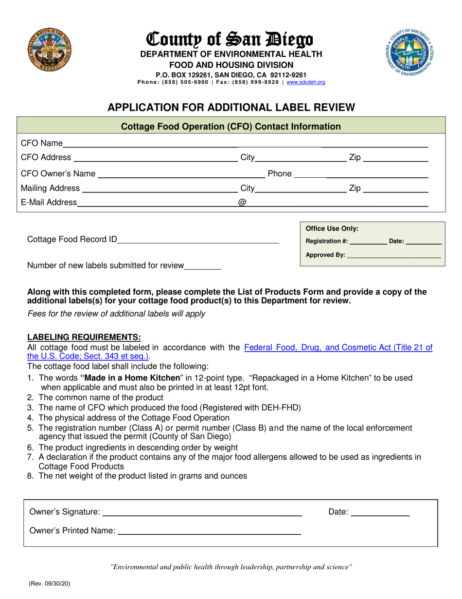 Application for Additional Label Review - County of San Diego, California, Page 1