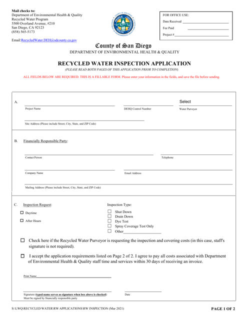 Recycled Water Inspection Application - County of San Diego, California Download Pdf
