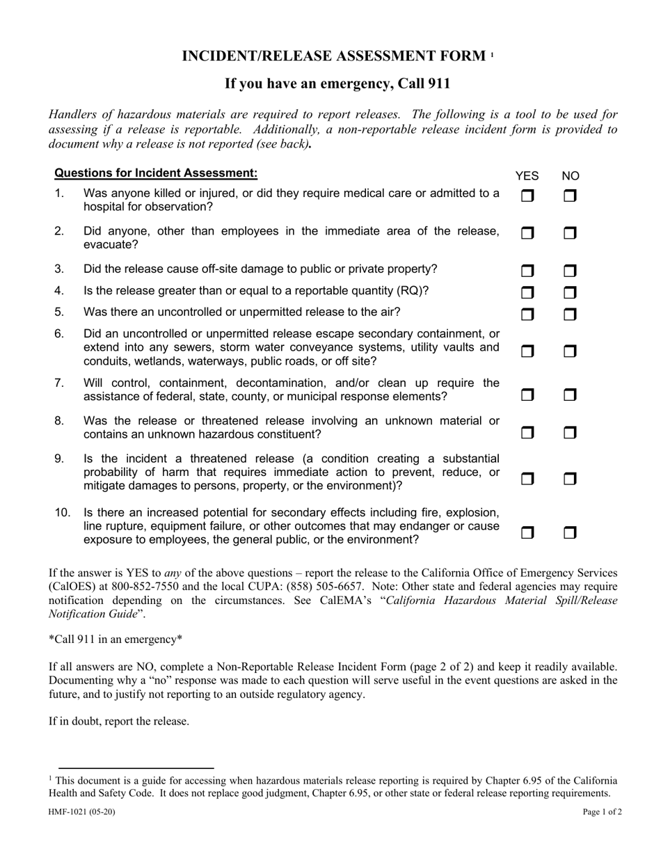 Form HMF-1021 Incident / Release Assessment Form - County of San Diego, California, Page 1
