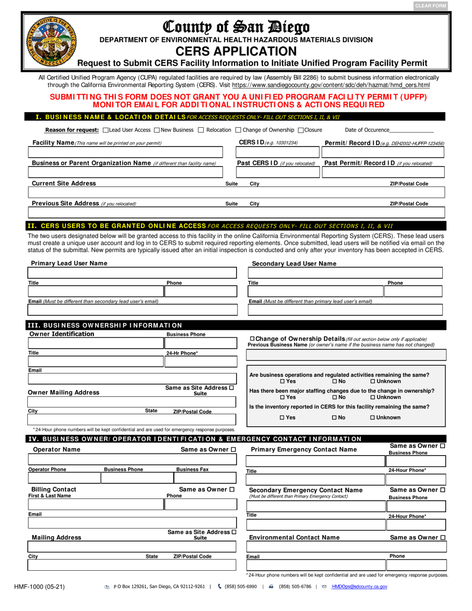 Form HMF-1000 Cers Application - County of San Diego, California, Page 1