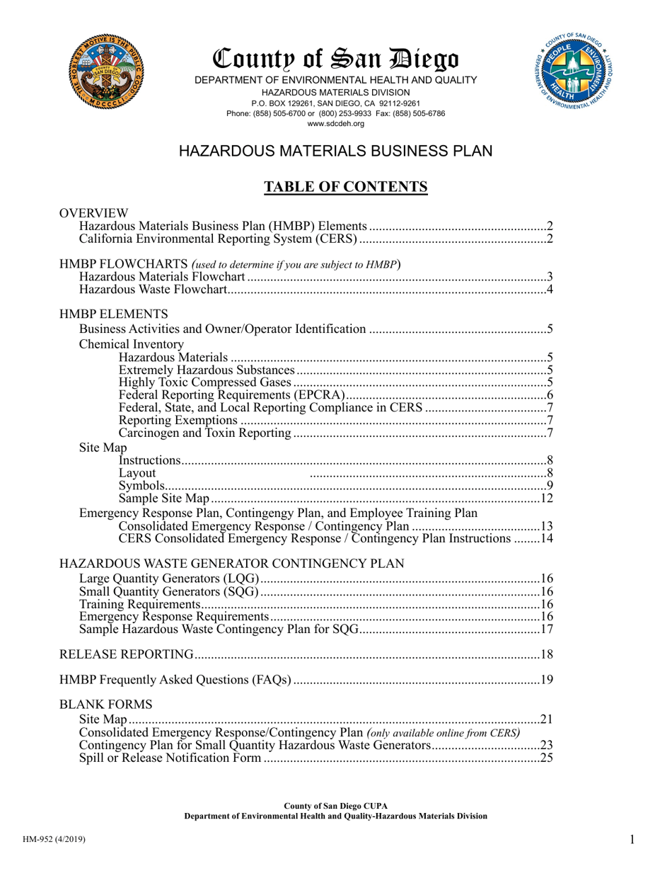 Form HM-952 Hazardous Materials Business Plan - County of San Diego, California, Page 1