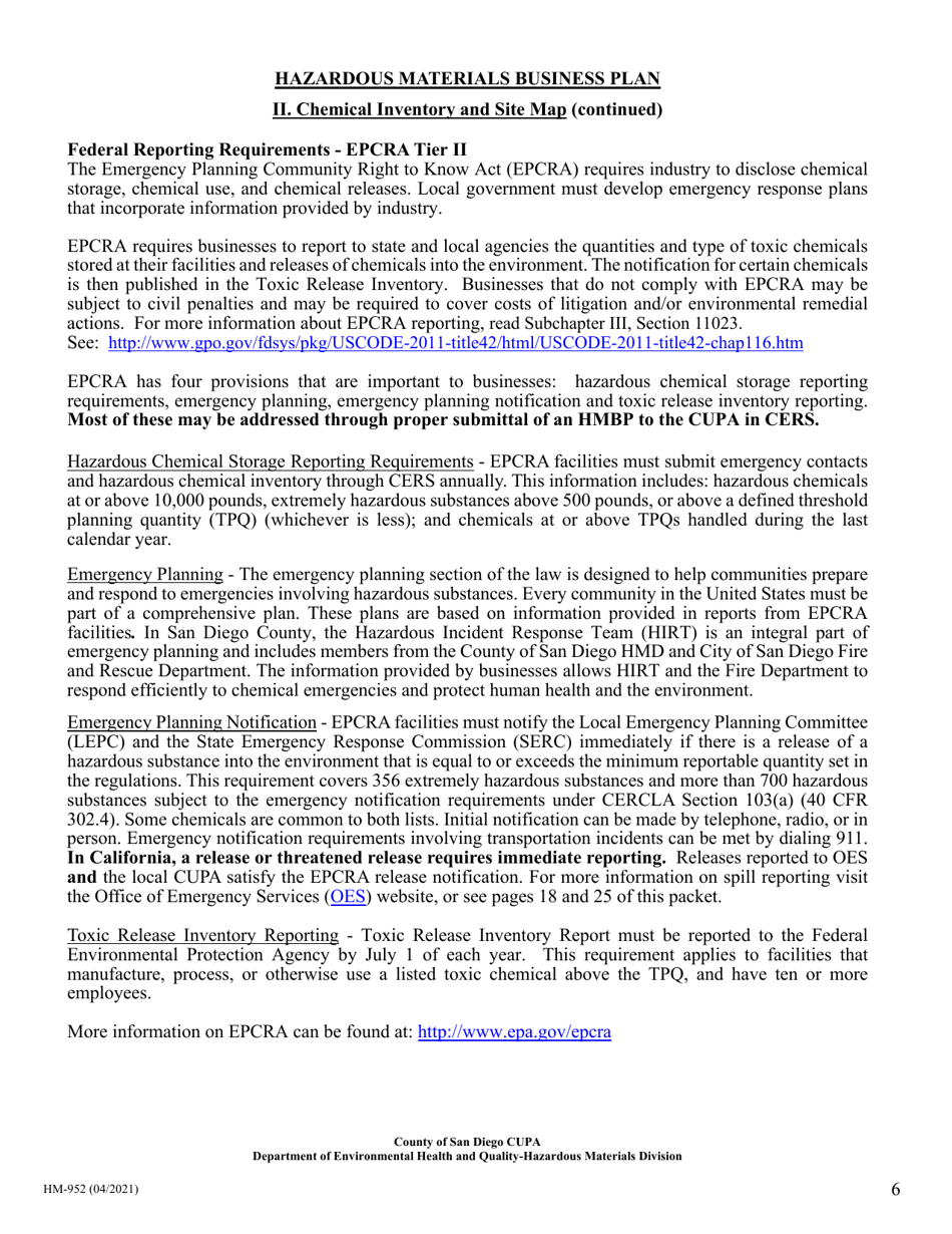 Form HM-952 Hazardous Materials Business Plan - County of San Diego, California, Page 6