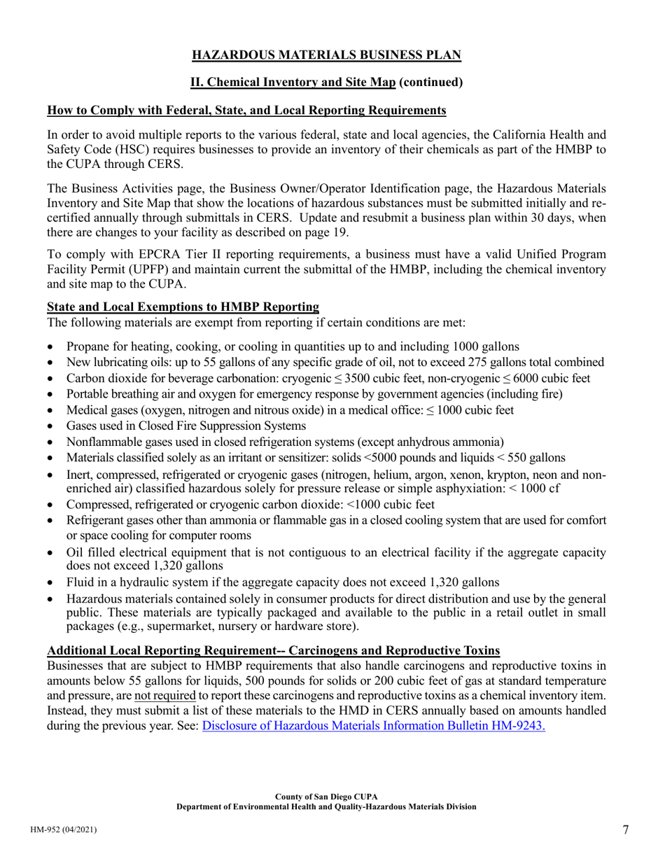Form HM-952 Hazardous Materials Business Plan - County of San Diego, California, Page 7