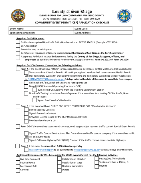 Community Event Permit (Cep) Application Checklist - County of San Diego, California