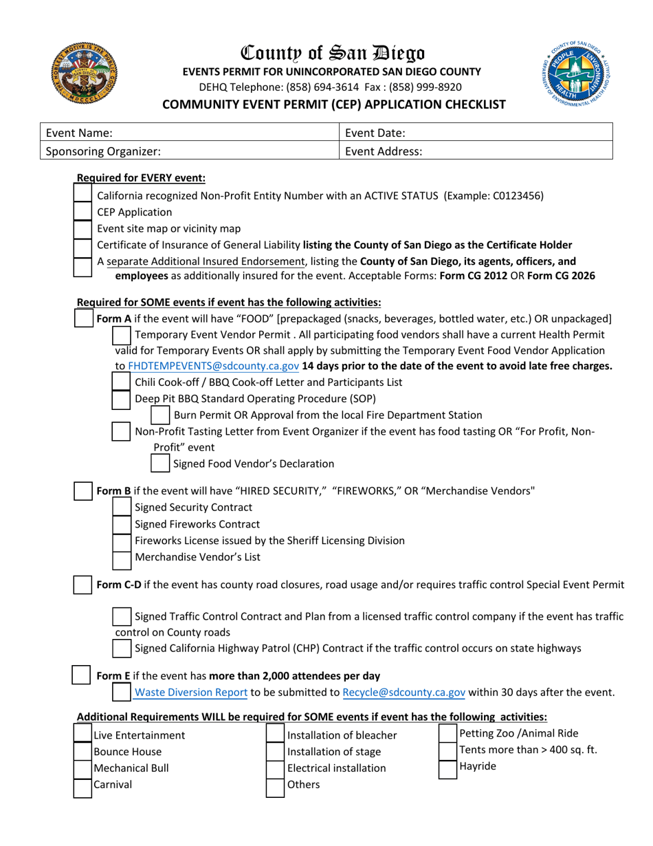 Community Event Permit (Cep) Application Checklist - County of San Diego, California, Page 1