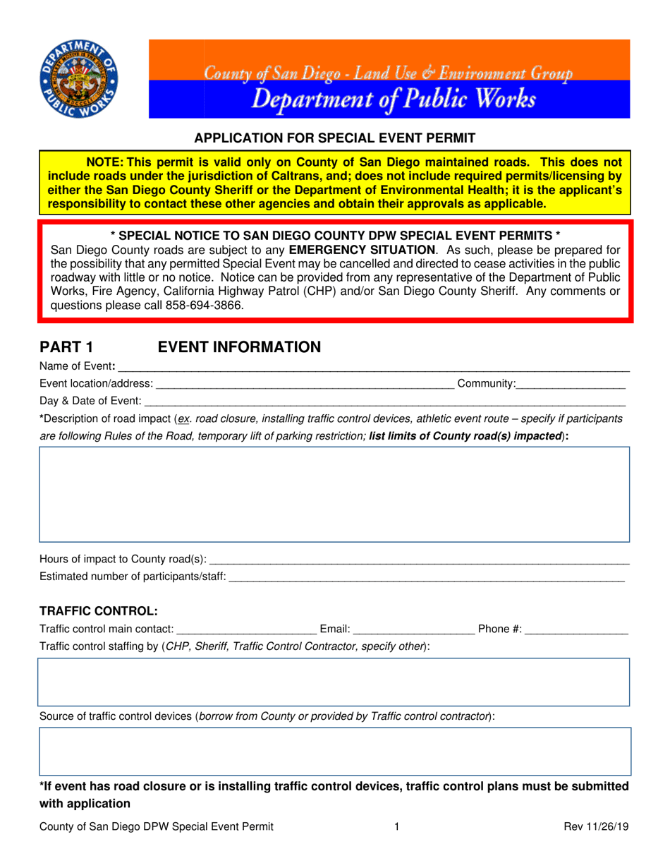 Application for Special Event Permit - County of San Diego, California, Page 1