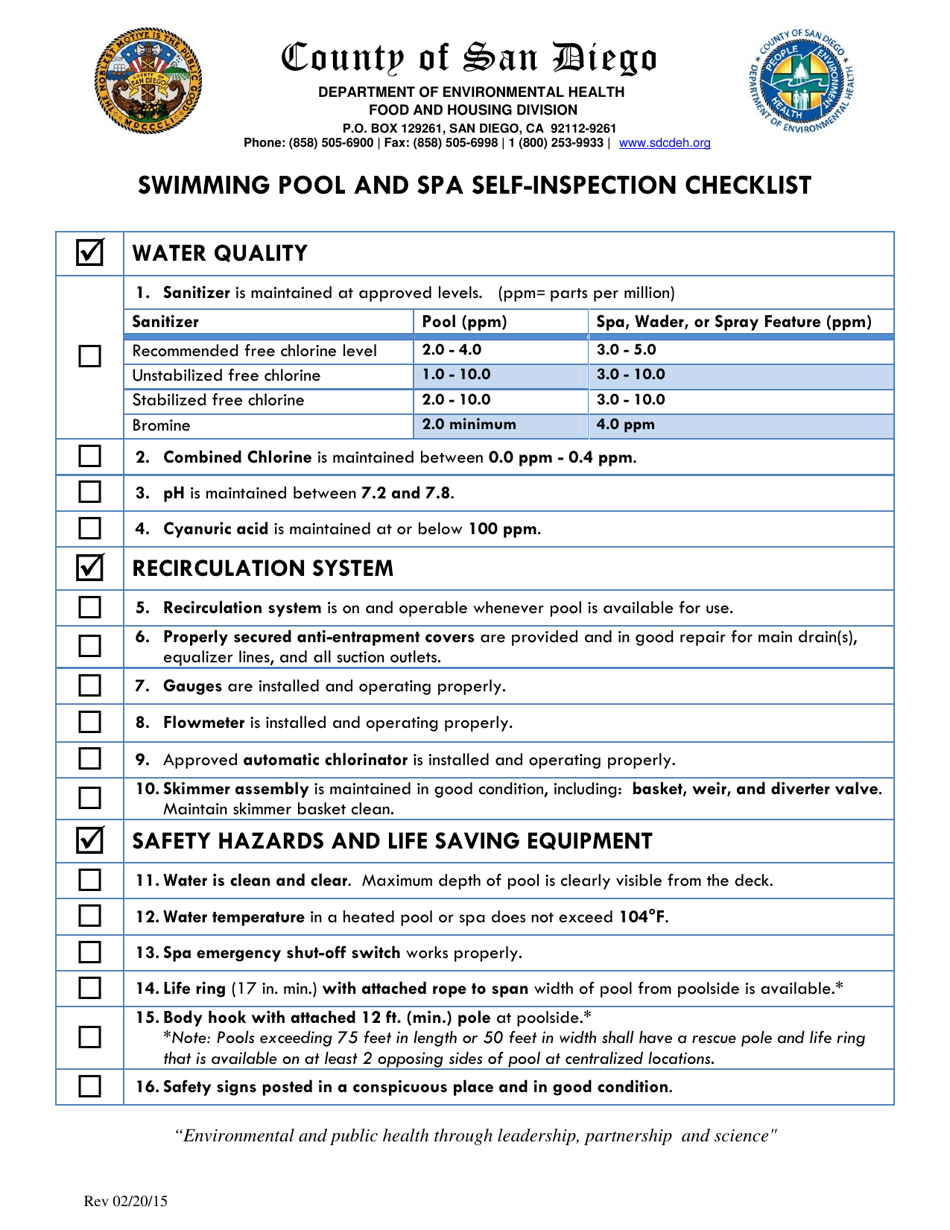 Swimming Pool and SPA Self-inspection Checklist - County of San Diego, California, Page 1