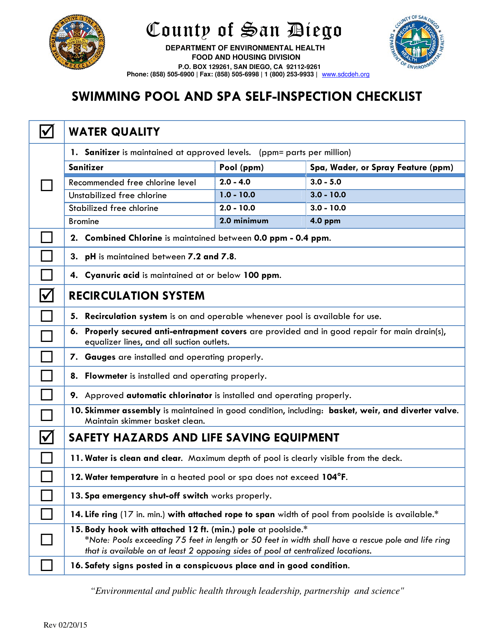 Swimming Pool and SPA Self-inspection Checklist - County of San Diego, California Download Pdf