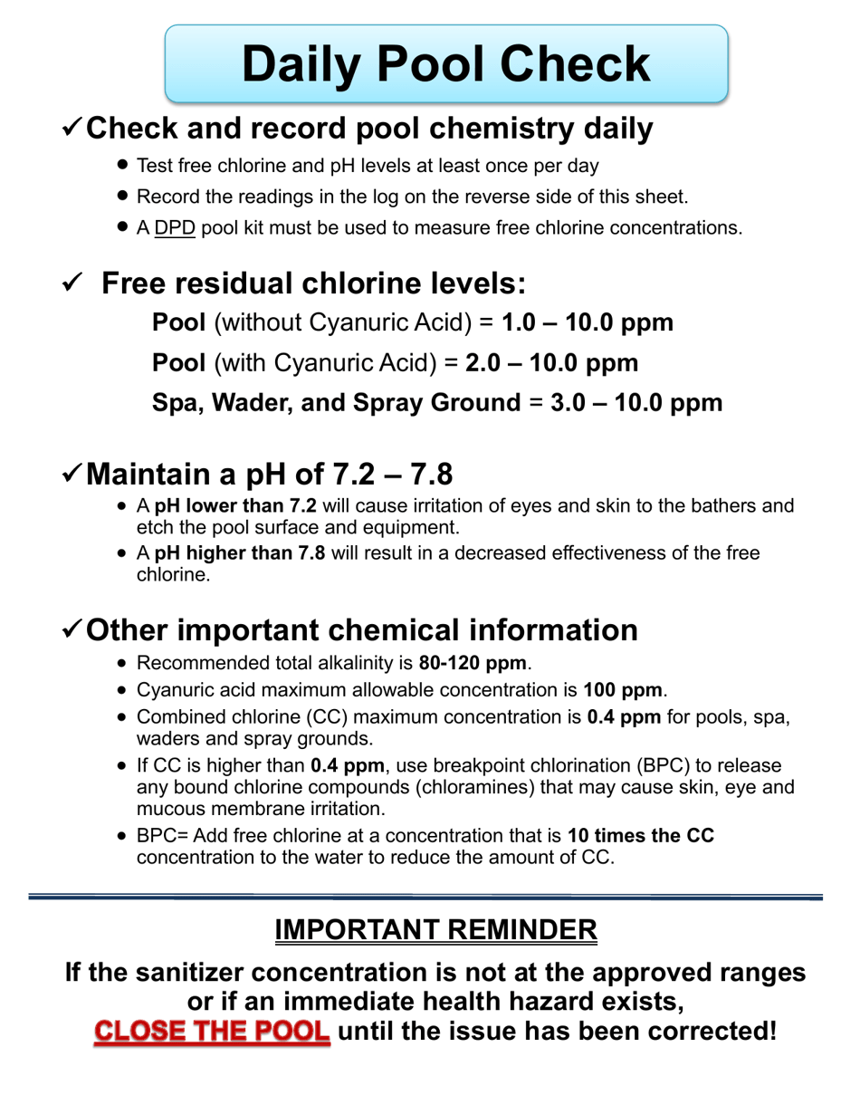 Daily Chemistry Log Sheet - County of San Diego, California, Page 2