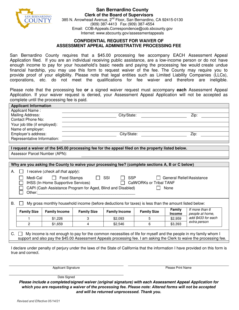 Confidential Request for Waiver of Assessment Appeal Administrative Processing Fee - County of San Bernardino, California, Page 1
