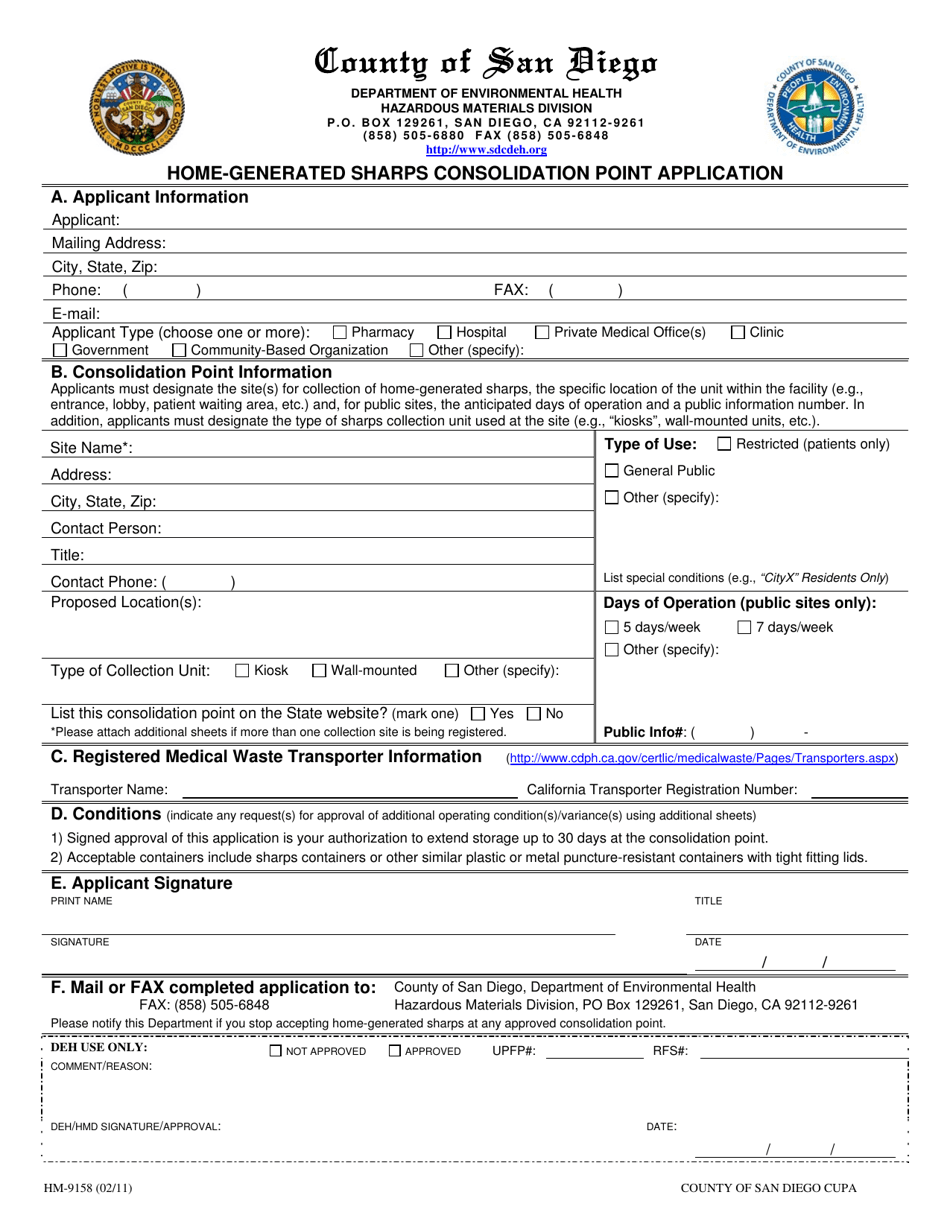 Form HM-9158 Home-Generated Sharps Consolidation Point Application - County of San Diego, California, Page 1