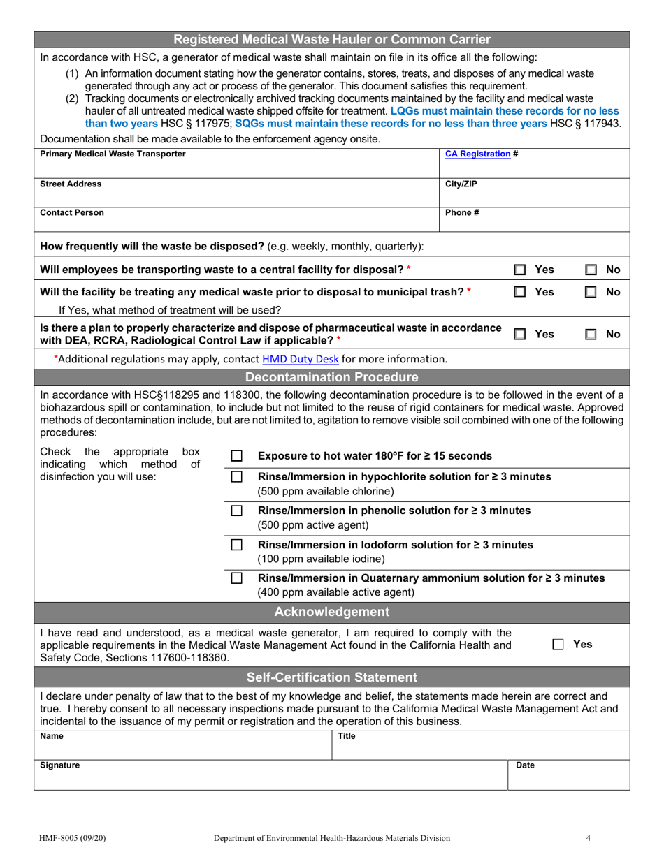 Form HMF-8005 Medical Waste Management Plan - County of San Diego, California, Page 4