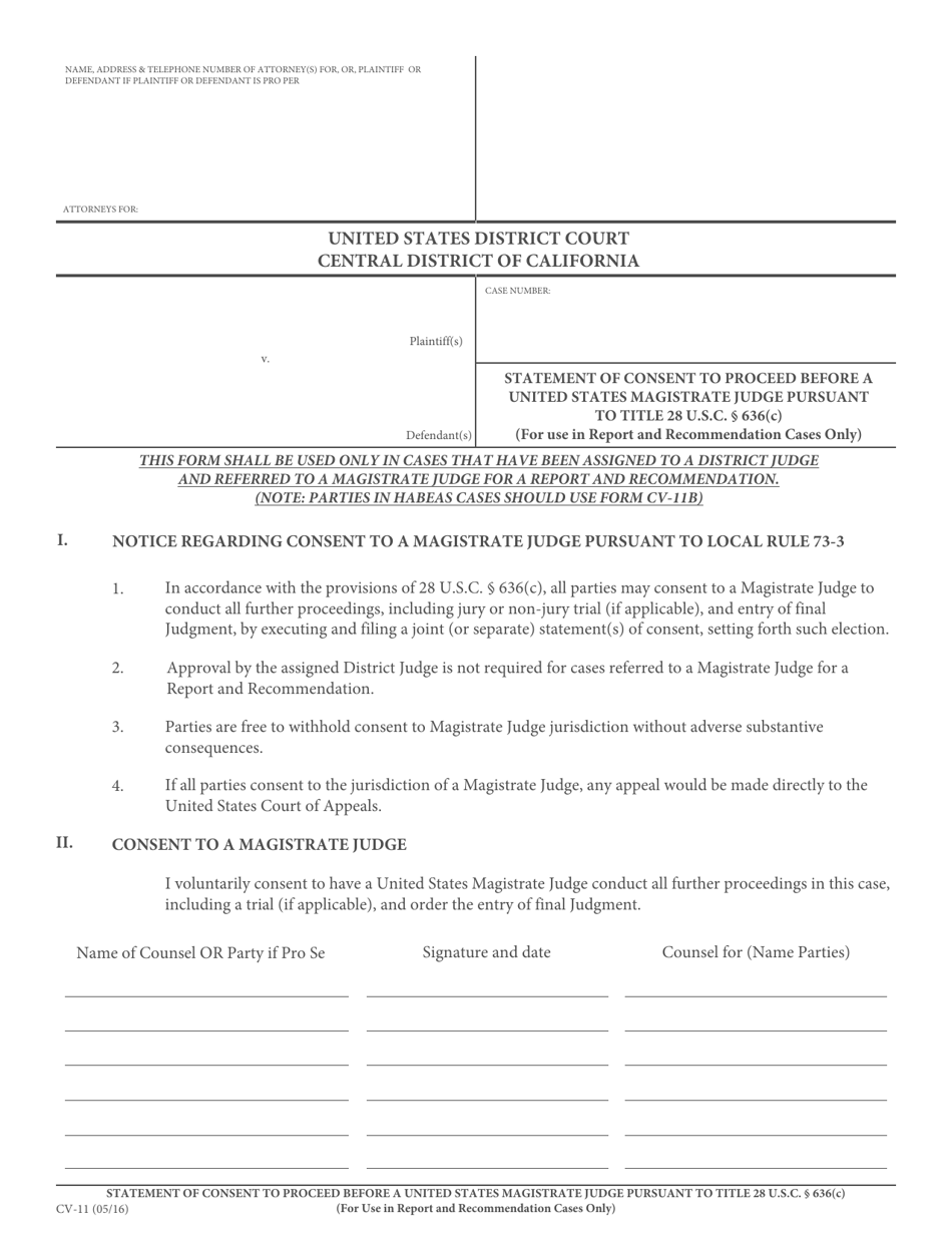 Form CV-11 Statement of Consent to Proceed Before a United States Magistrate Judge Pursuant to Title 28 U.s.c. 636(C) - California, Page 1