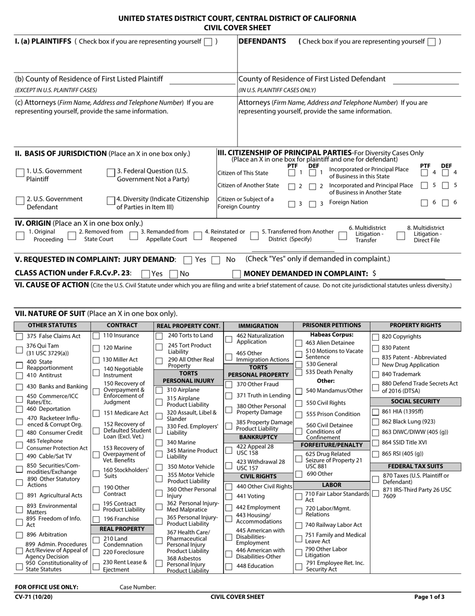 Form CV-71 Civil Cover Sheet - California, Page 1