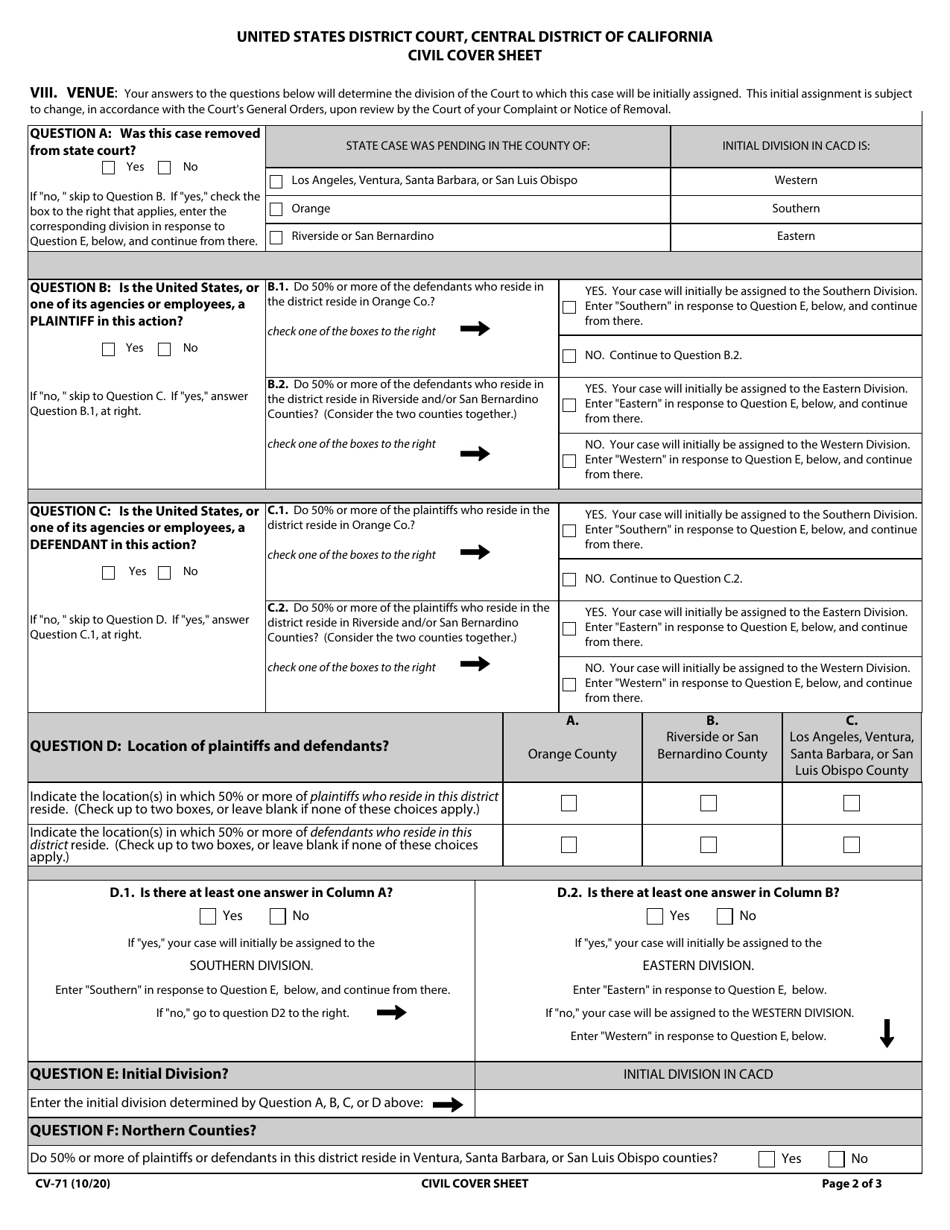Form CV-71 Civil Cover Sheet - California, Page 2