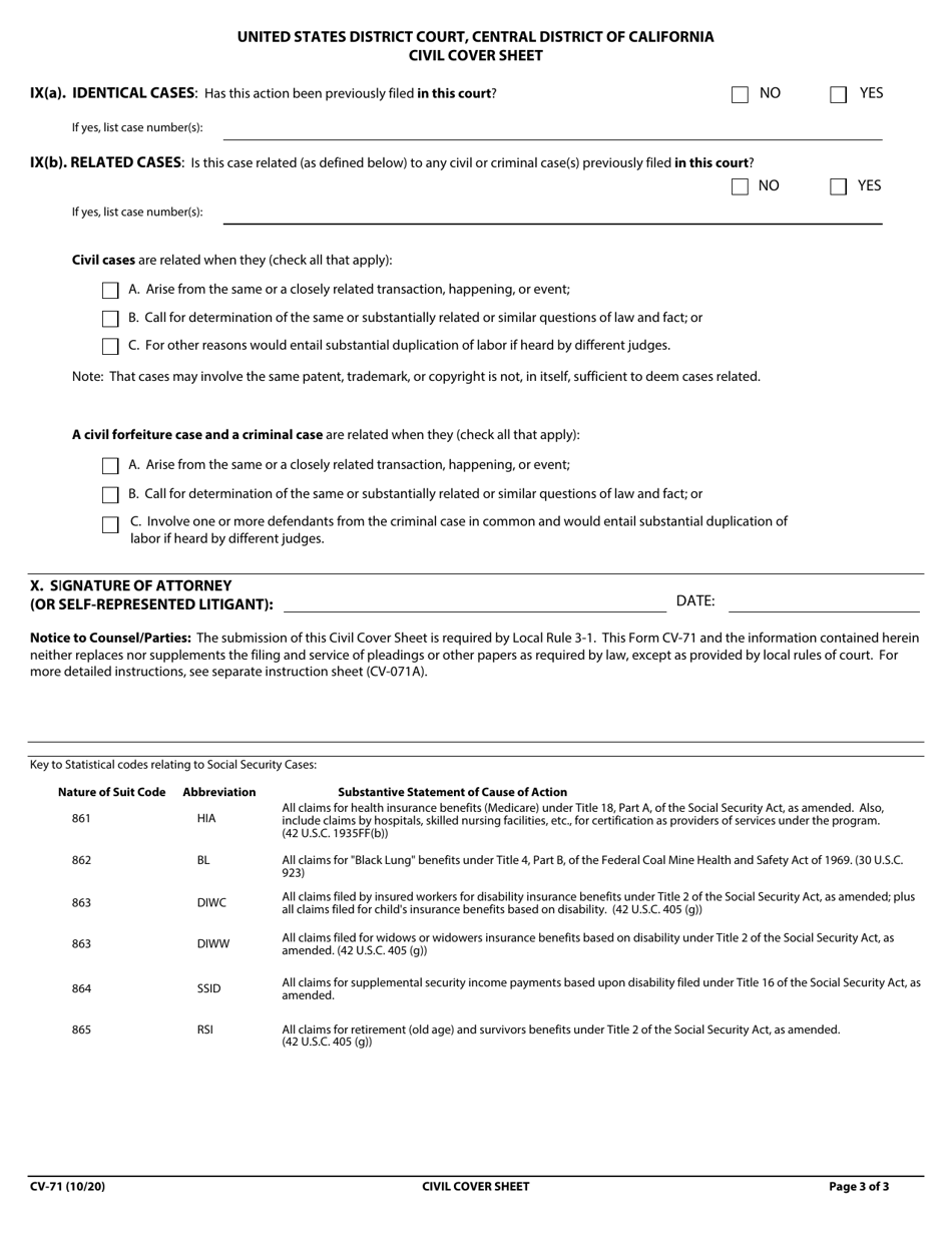 Form CV-71 Civil Cover Sheet - California, Page 3