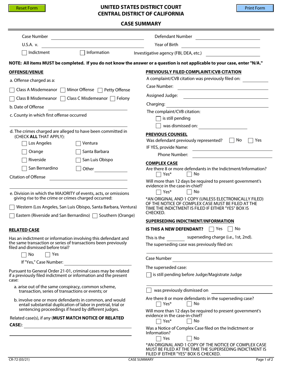 Form CR-72 Case Summary - California, Page 1