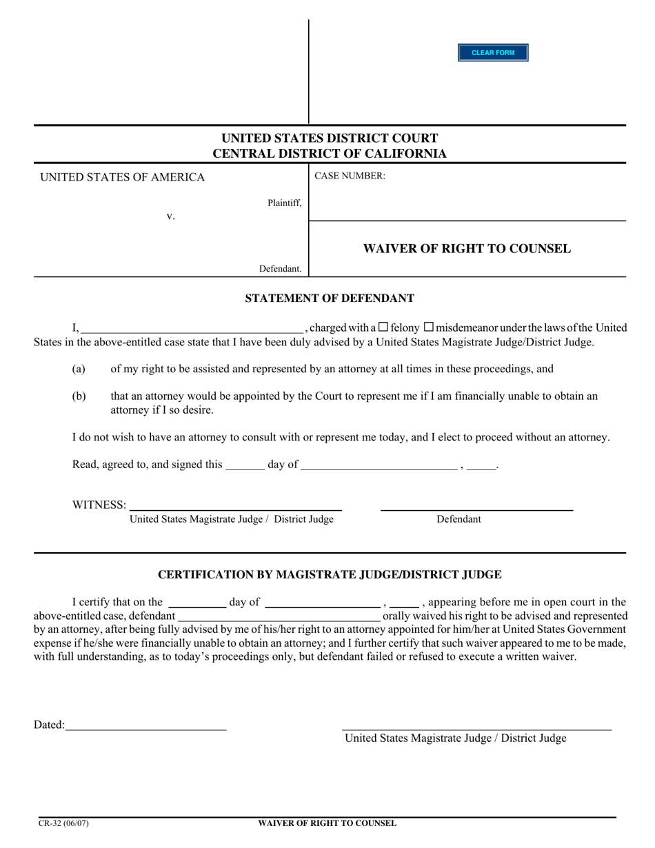 Form CR-32 Waiver of Right to Counsel - California, Page 1