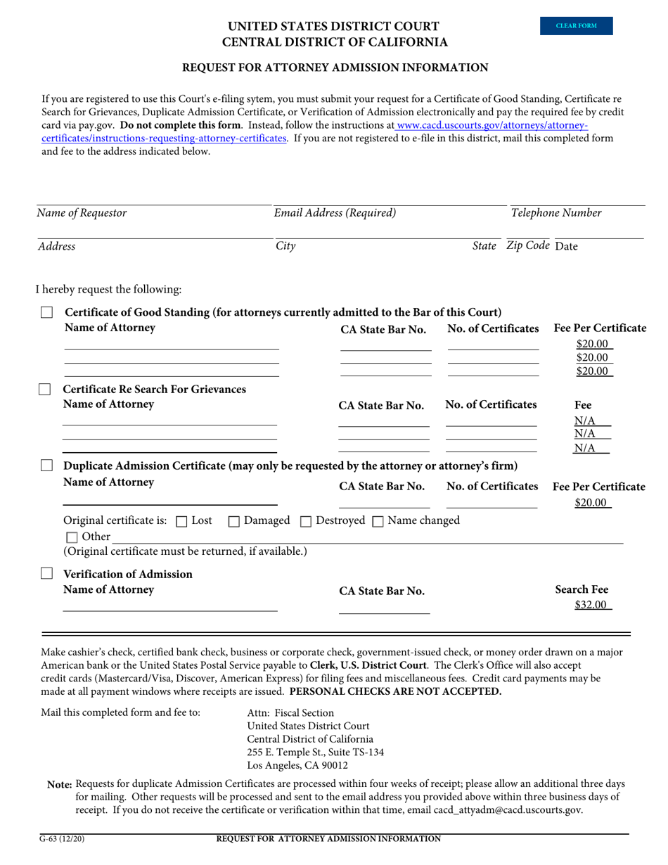 Form G-63 Request for Attorney Admission Information - California, Page 1